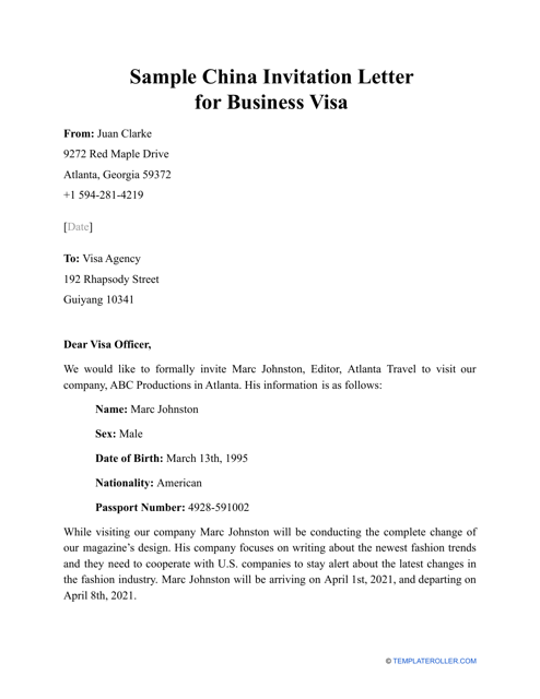 Sample China Invitation Letter for Business Visa