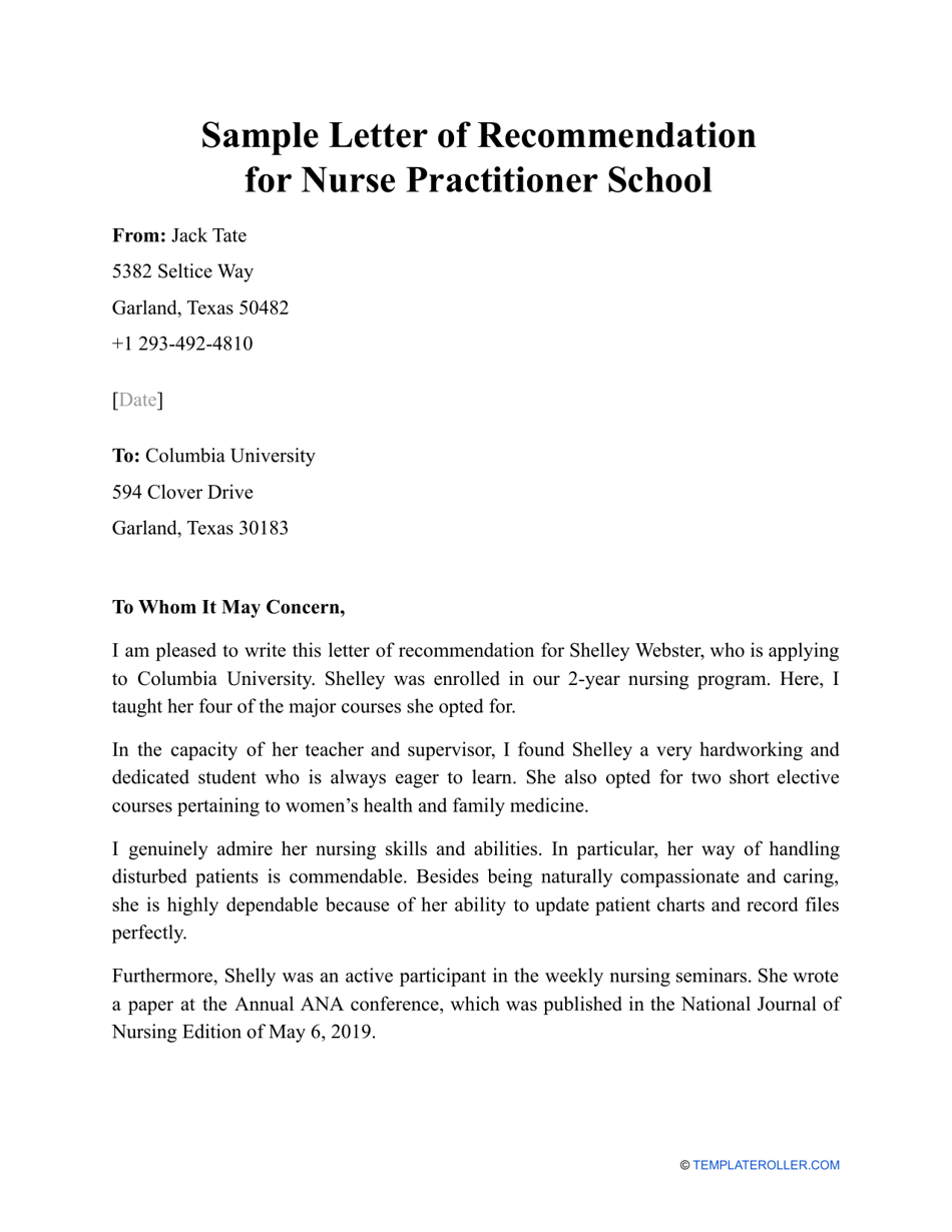 Sample Letter Of Recommendation For Nurse Practitioner School Download 