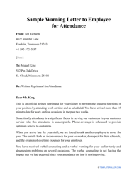 Document preview: Sample Warning Letter to Employee for Attendance
