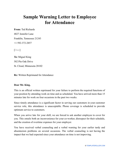 Sample &quot;Warning Letter to Employee for Attendance&quot; Download Pdf