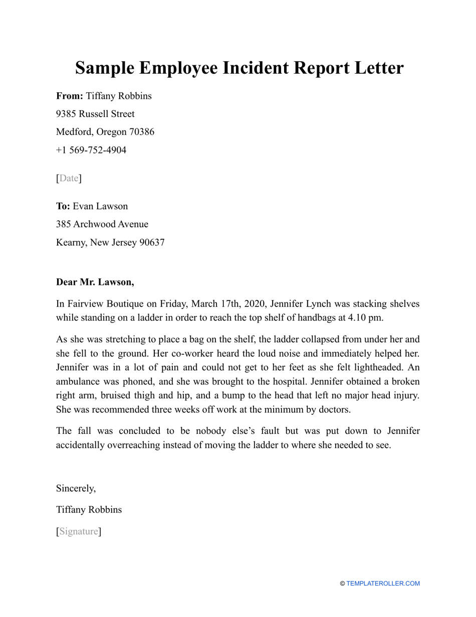 Sample Employee Incident Report Letter, Page 1