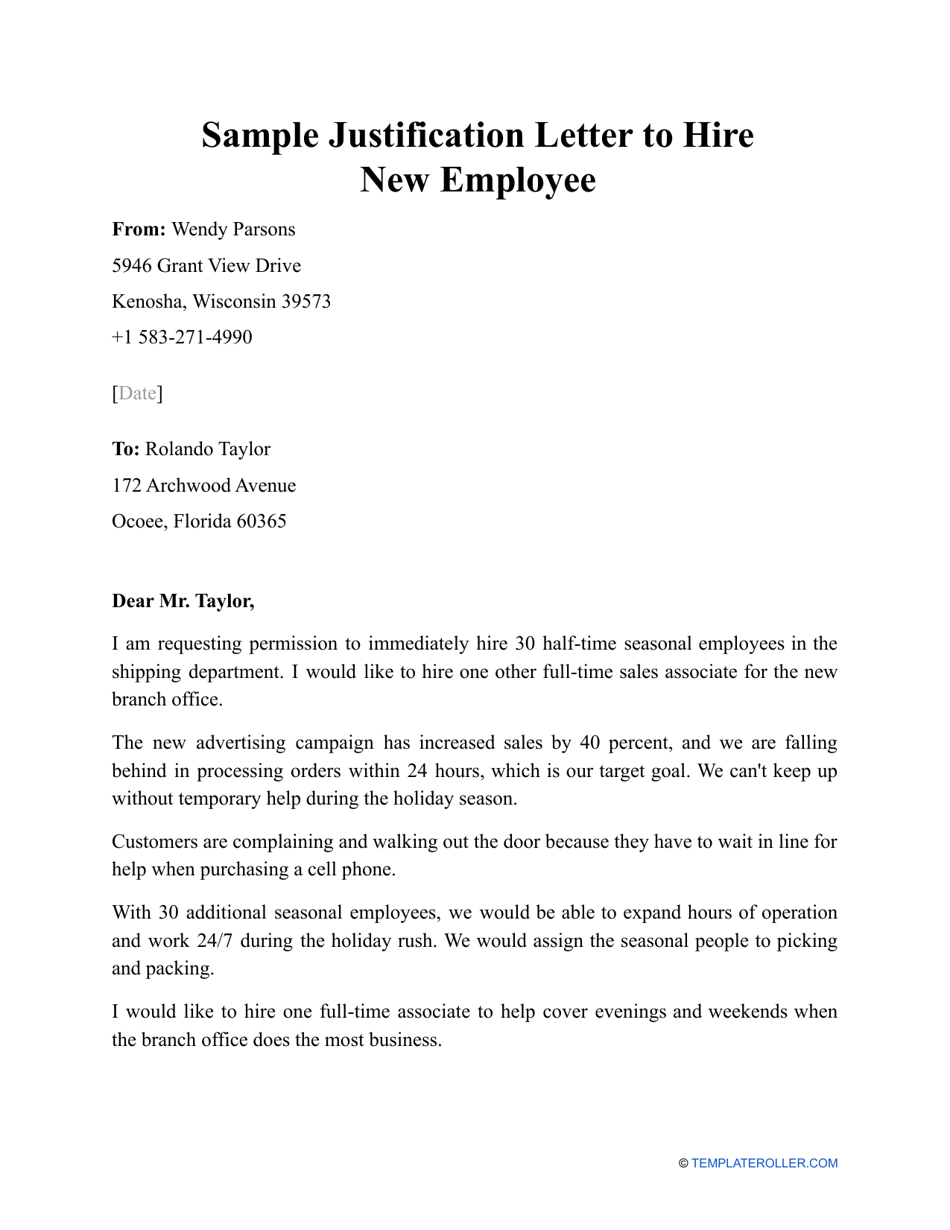 Sample Justification Letter to Hire New Employee, Page 1