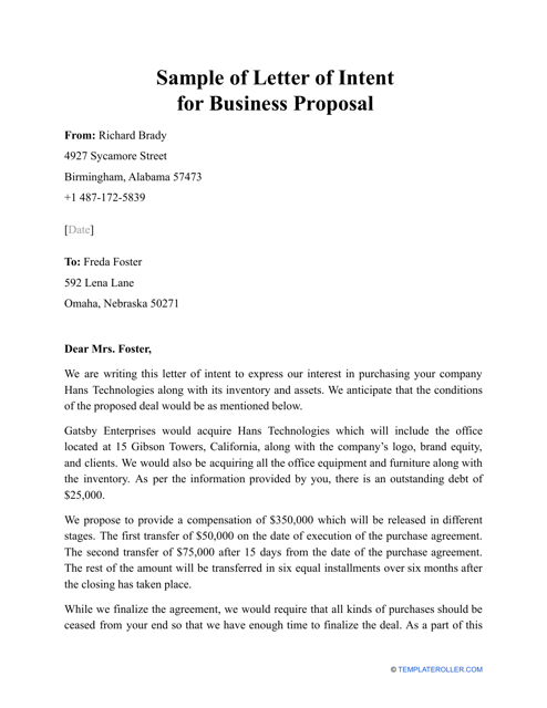 Sample Letter of Intent for Business Proposal Download Pdf