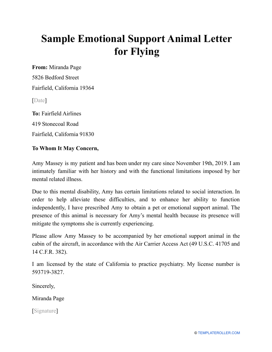 Sample Emotional Support Animal Letter for Flying Download Printable