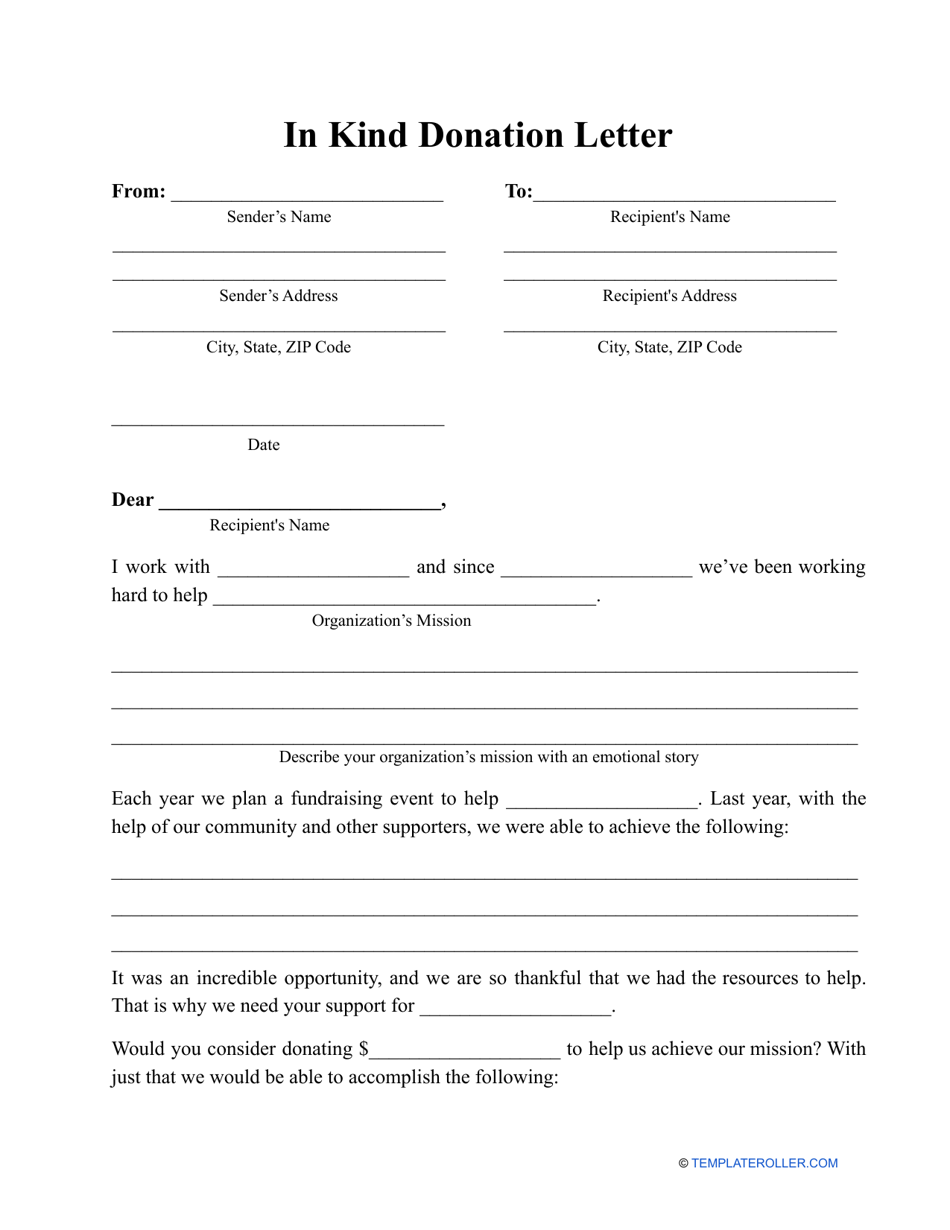 In Kind Donation Letter Template Download Printable PDF Templateroller