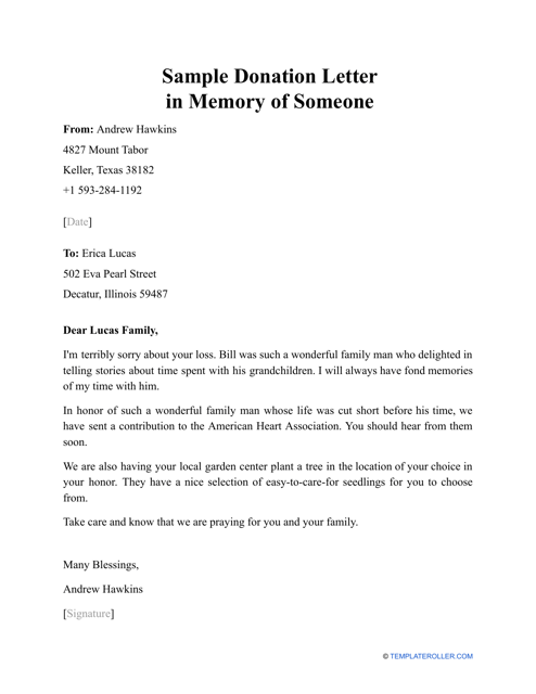 Sample Donation Letter in Memory of Someone Download Printable PDF ...