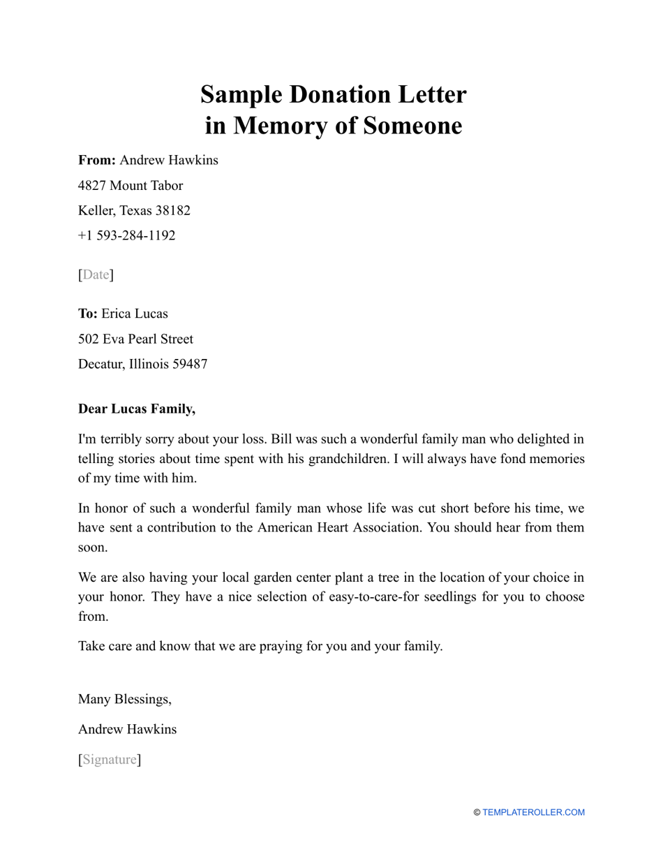 memorial contribution sample cover letter
