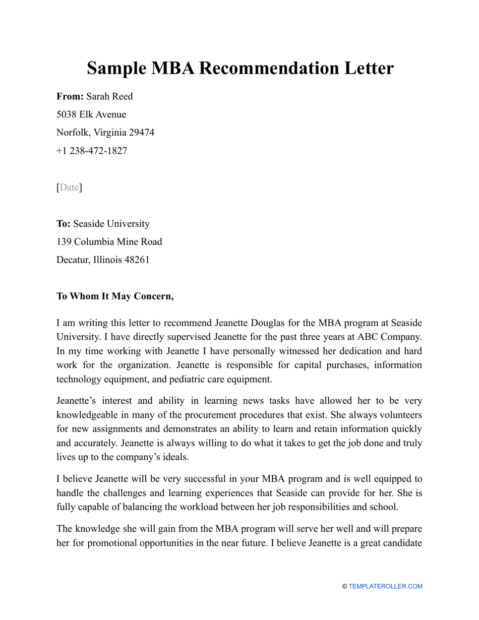 Sample MBA Recommendation Letter - Template