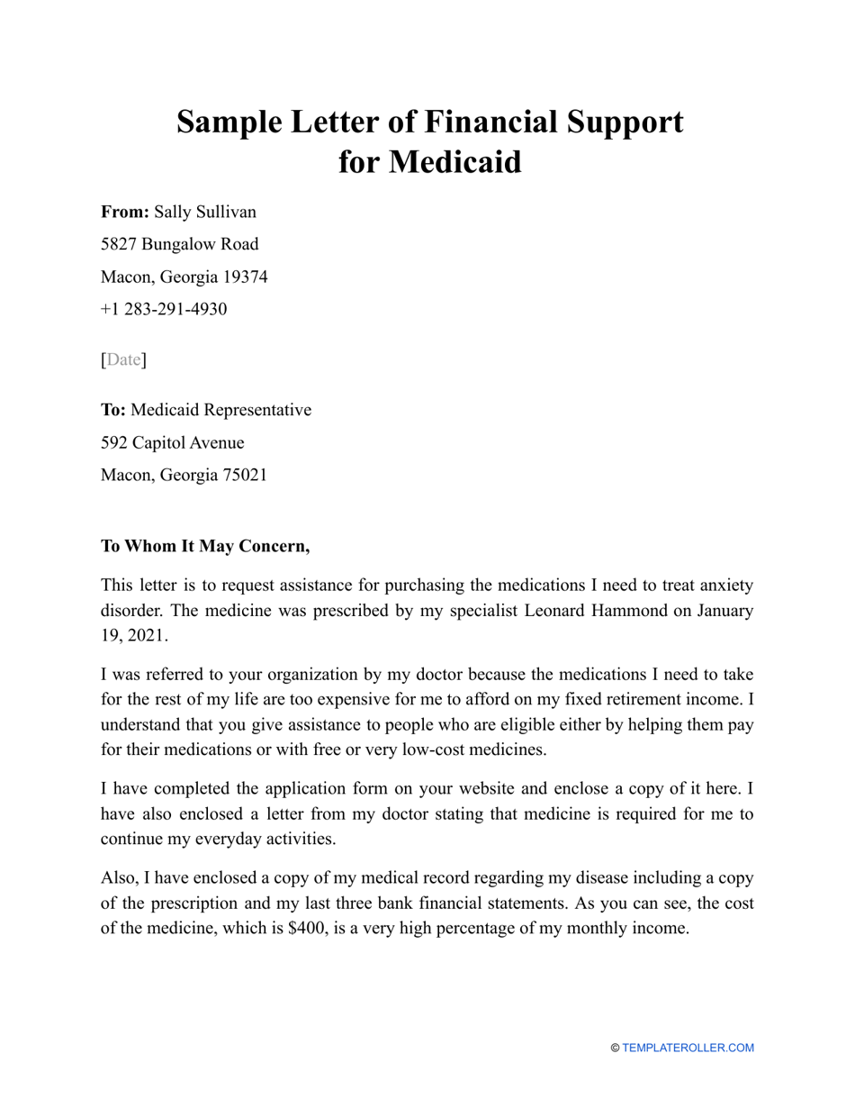 Sample Letter Of Financial Support For Medicaid Download Printable PDF 