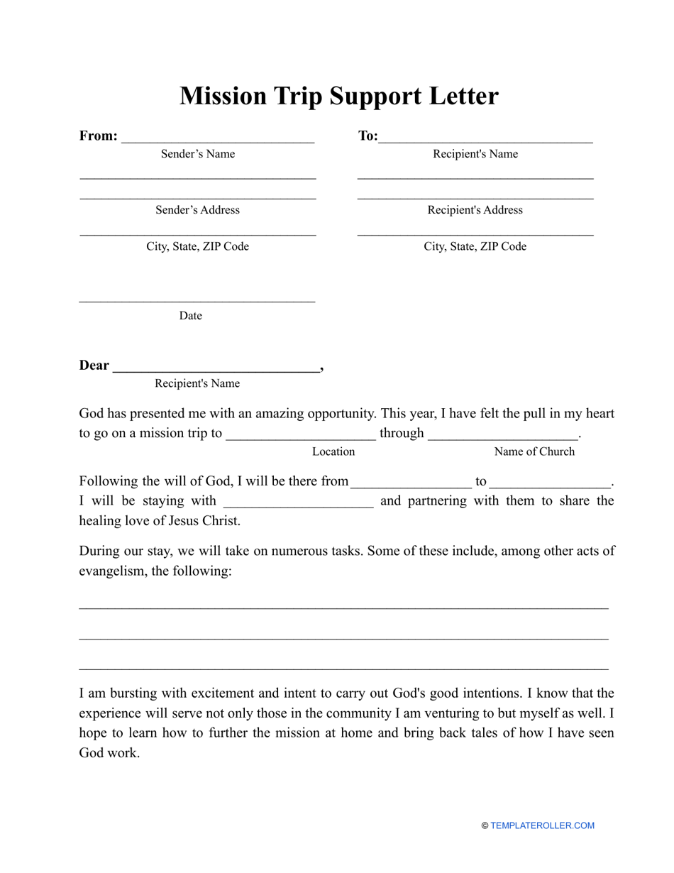 Mission Trip Support Letter Template Preview