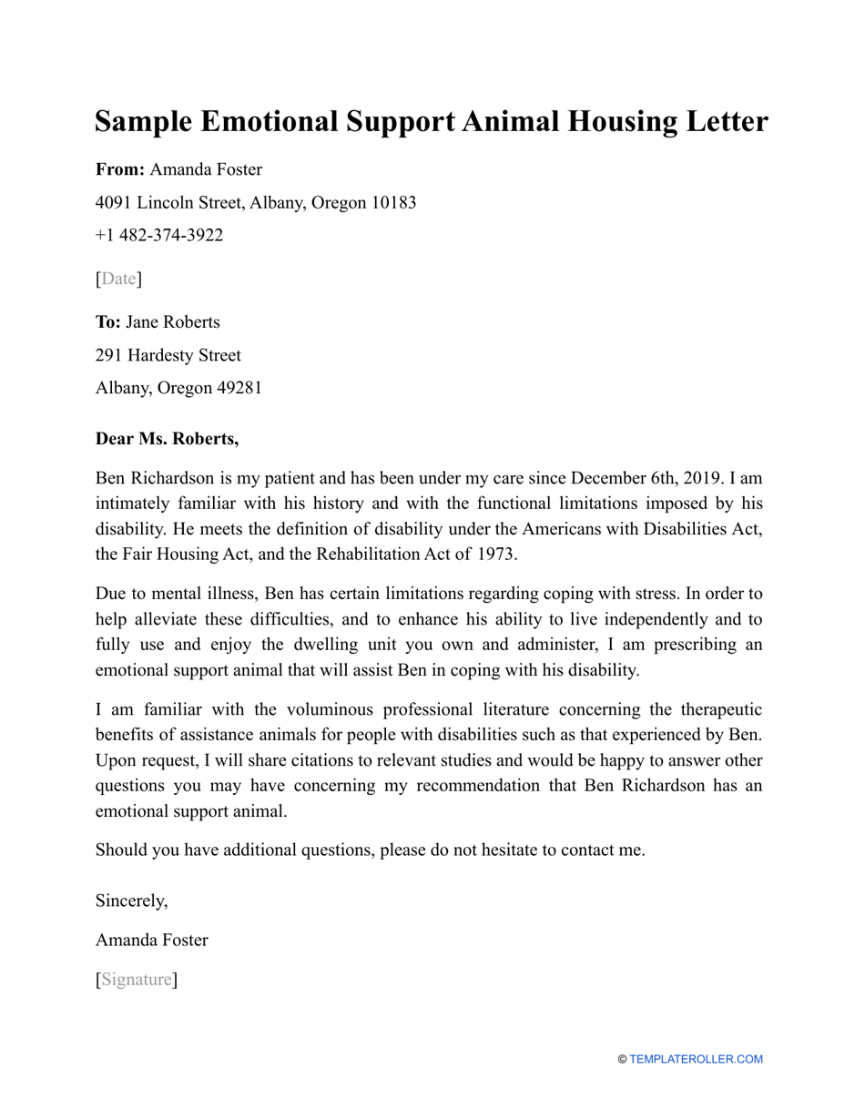 Sample Emotional Support Animal Housing Letter Download Printable PDF 