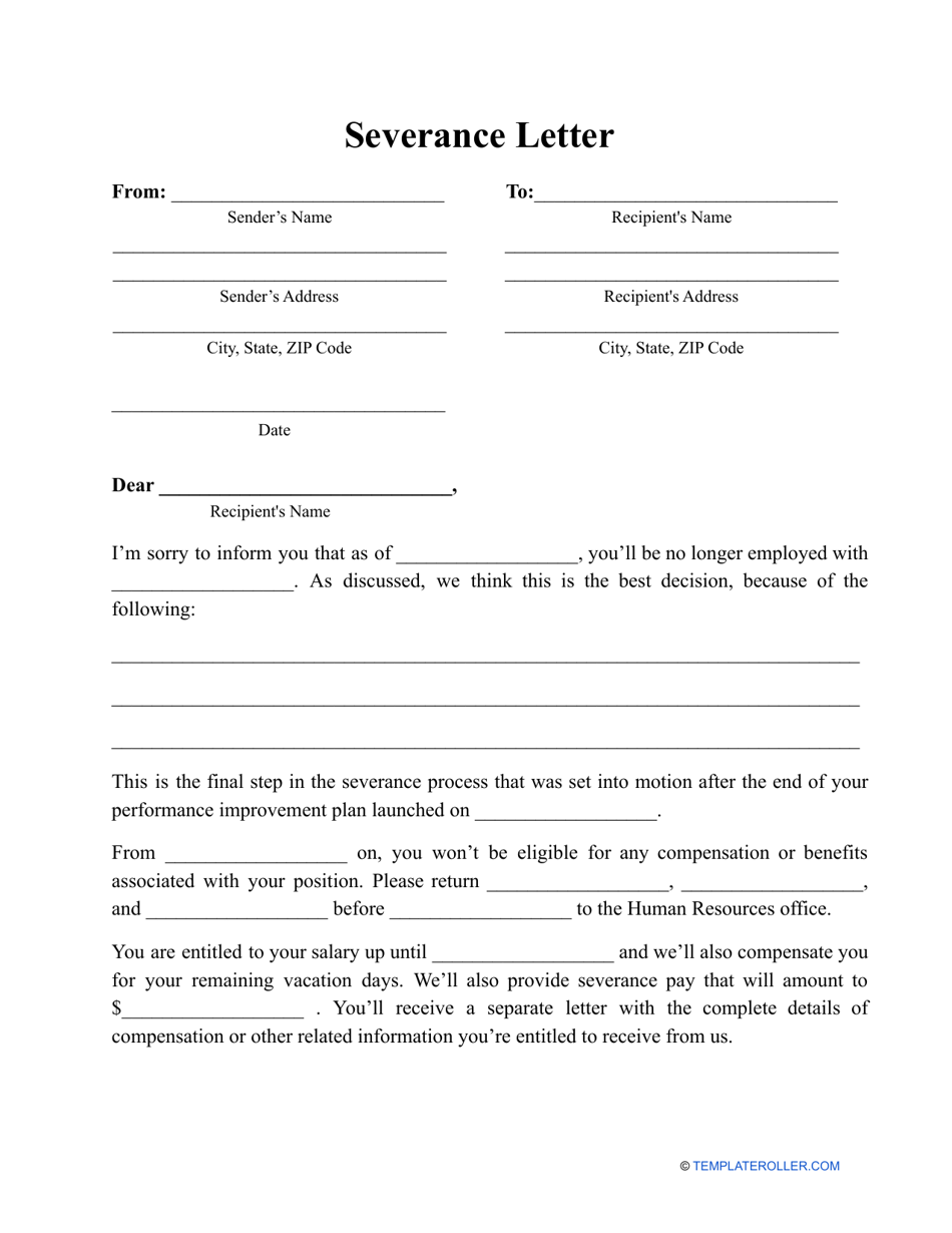 Severance Letter Template - Fill Out, Sign Online and Download PDF