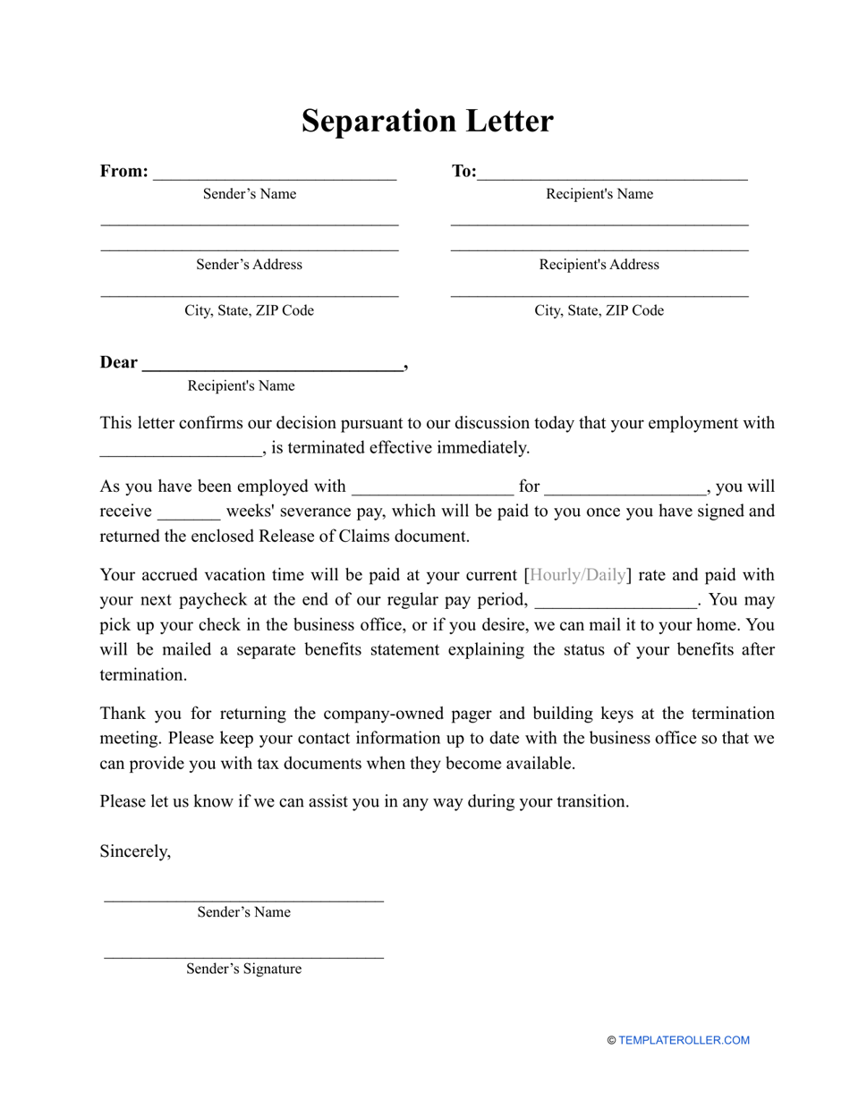 Separation Letter Template Fill Out Sign Online And Download PDF