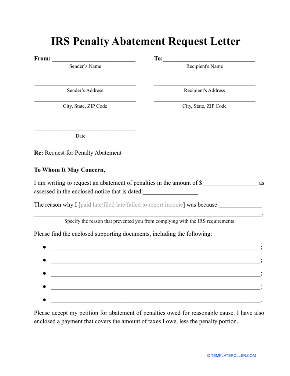 IRS Penalty Abatement Request Letter Template Download Printable PDF