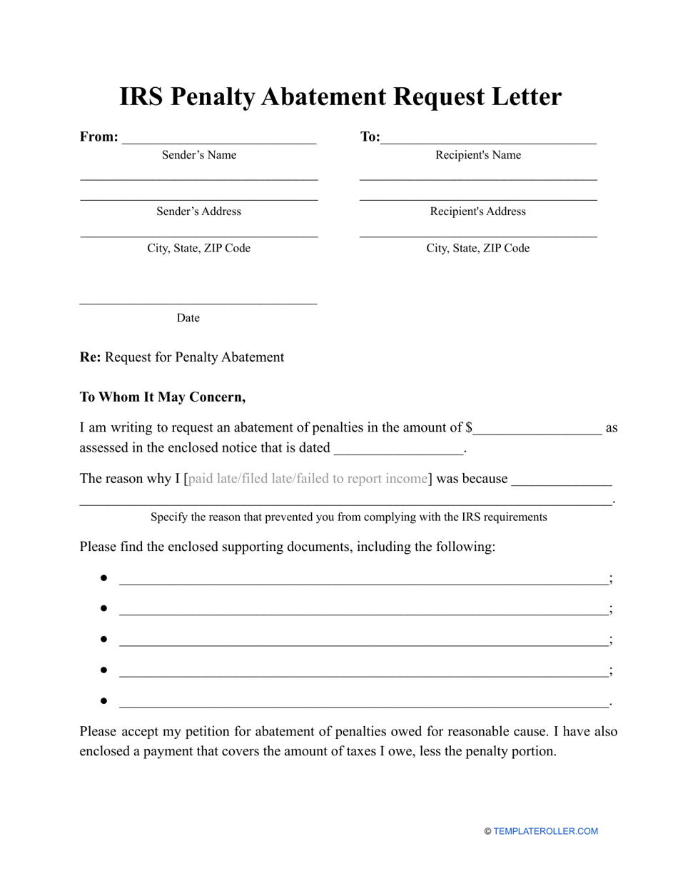IRS Penalty Abatement Request Letter Template - Preview Image