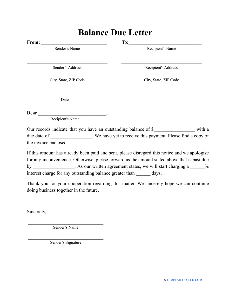 Balance Due Letter Template Download Printable PDF Templateroller