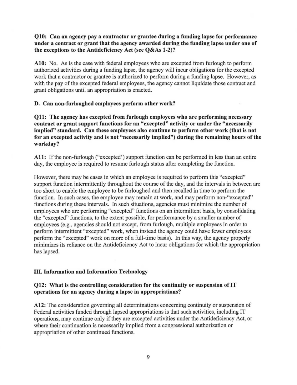 Memorandum for the Heads of Executive Departments and Agencies (Planning for Agency Operations During a Potential Lapse in Appropriations), Page 11