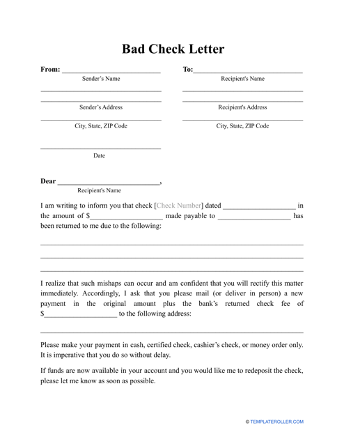 Bad Check Letter Template - Fill Out, Sign Online and Download PDF ...