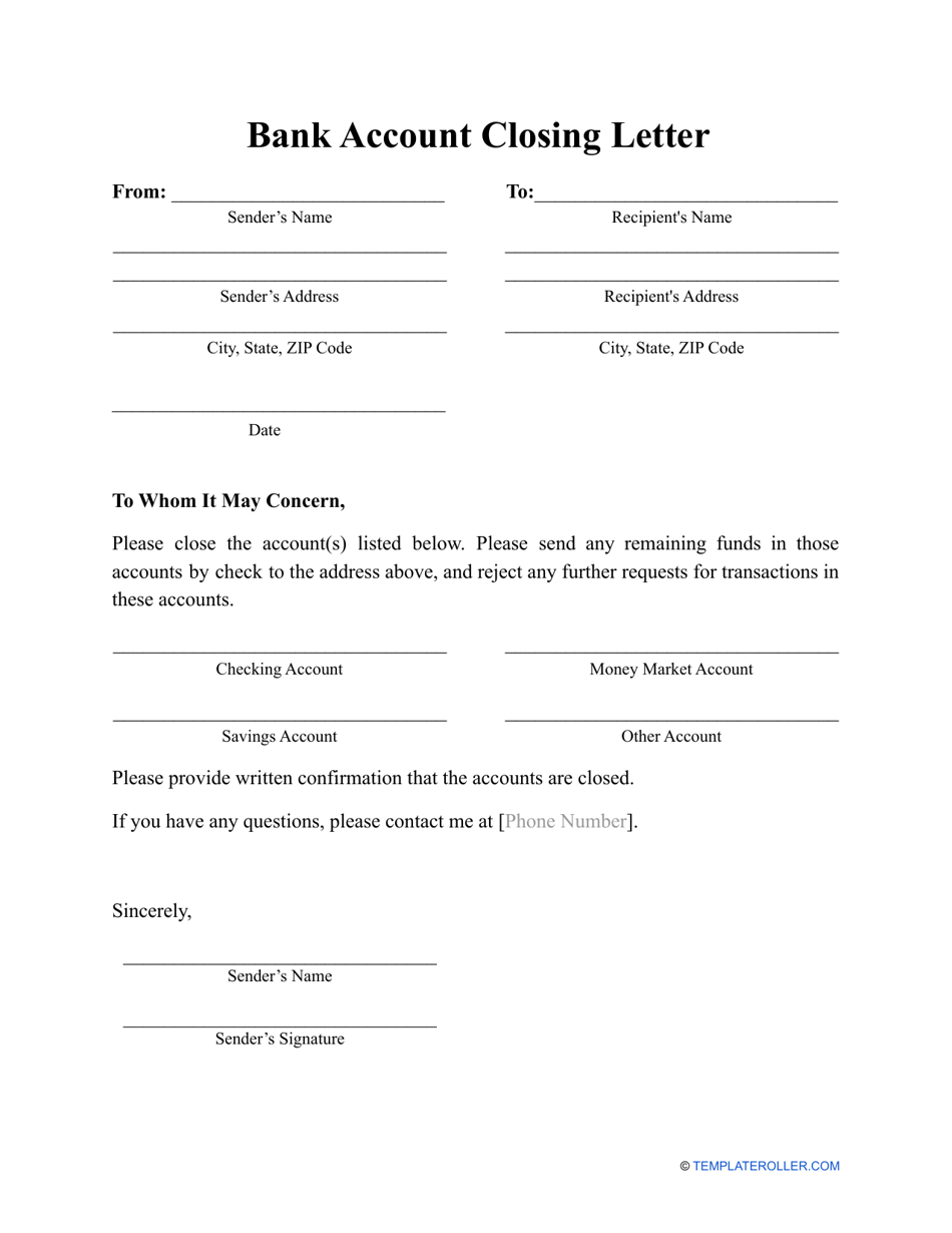 Bank Account Closing Letter Template Download Printable PDF