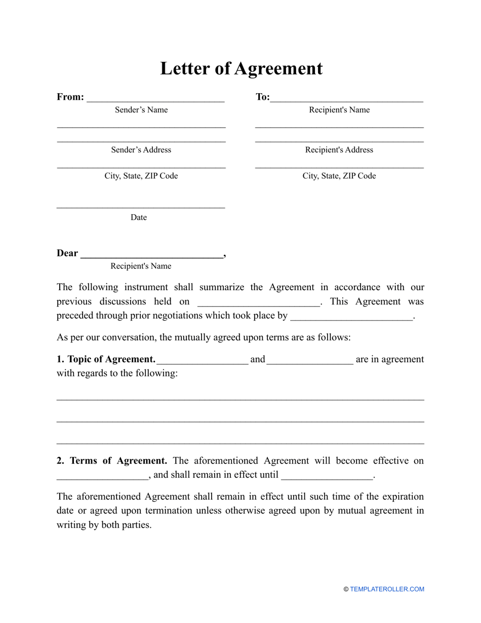 Letter of Agreement Template - Fill Out, Sign Online and Download PDF ...