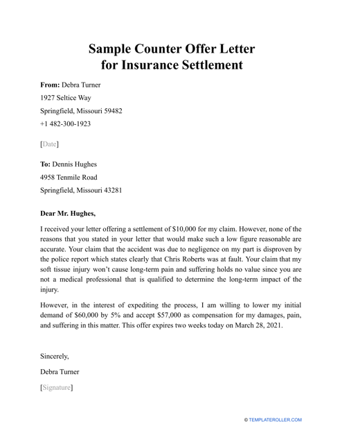 Sample &quot;Counter Offer Letter for Insurance Settlement&quot; Download Pdf