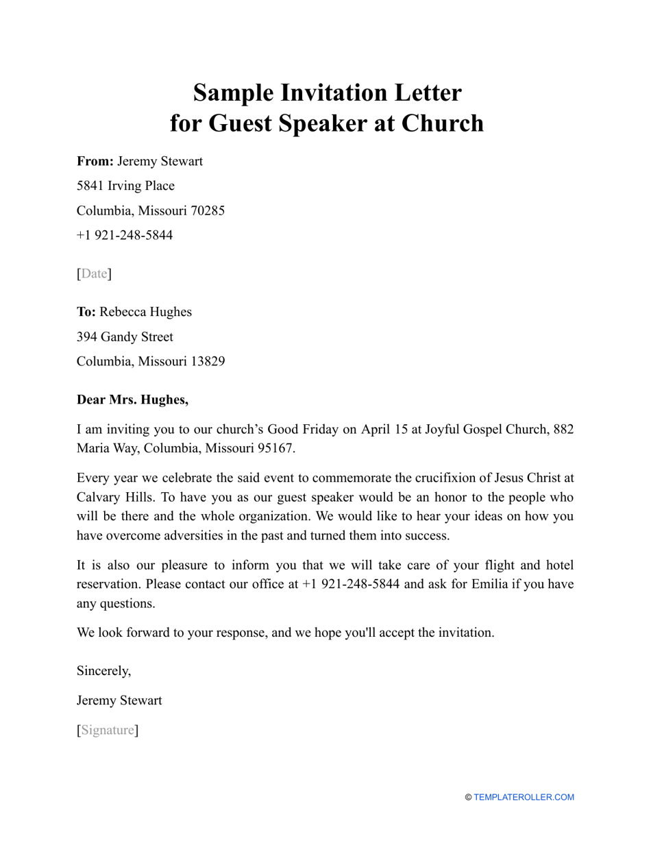 A Sample Invitation Letter for Guest Speaker at Church
