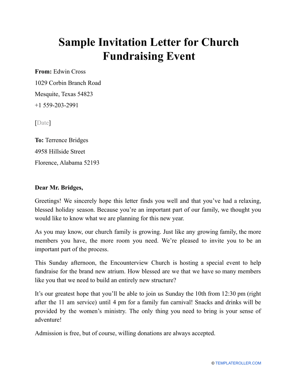 Sample Invitation Letter for Church Fundraising Event Download ...