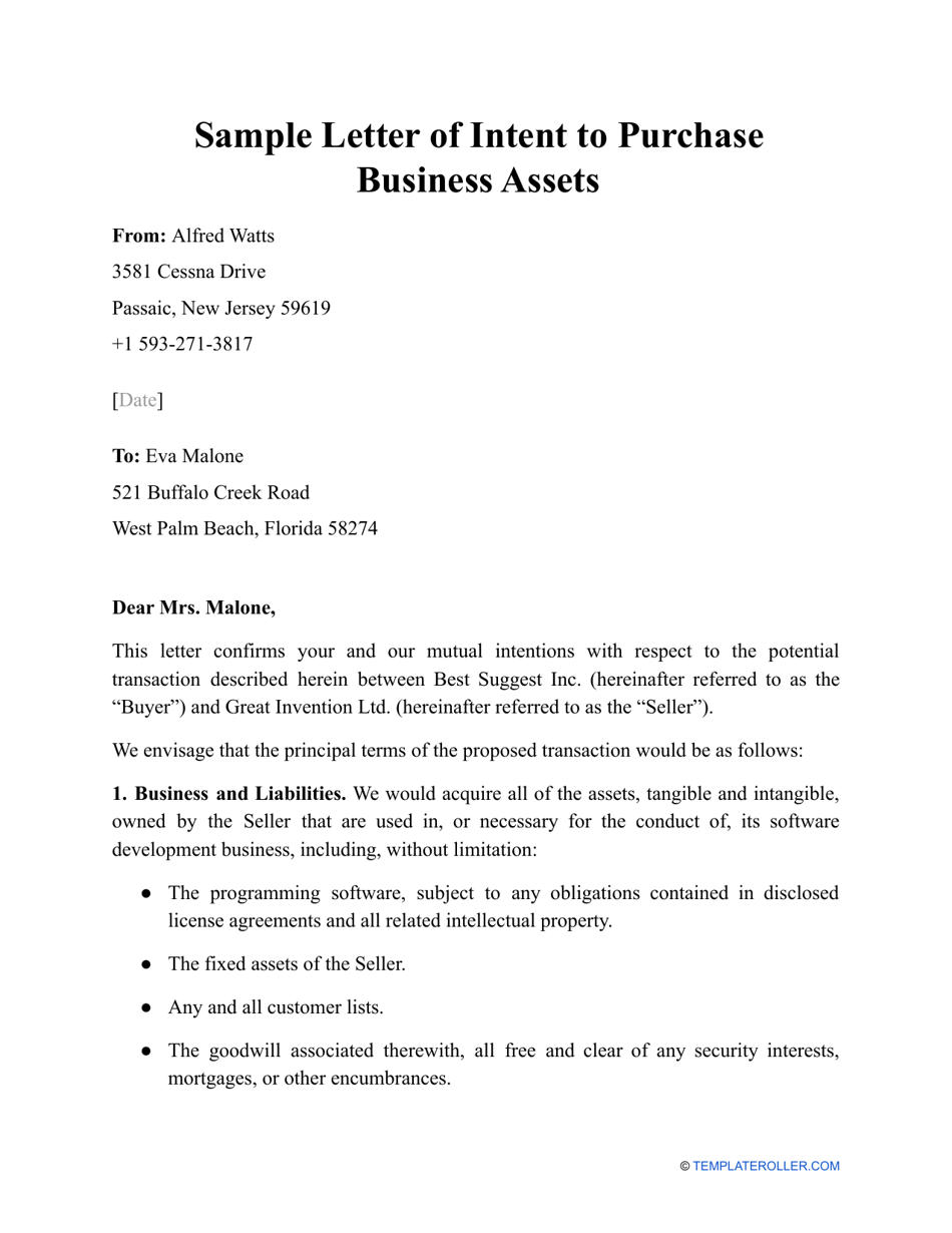 Sample Letter of Intent to Purchase Business Assets, Page 1