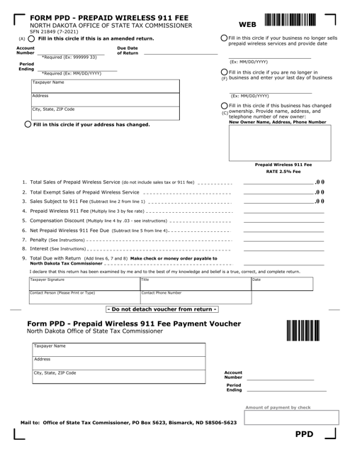 Form PPD (SFN21849) 2.5% Prepaid Wireless 911 Fee Form - North Dakota