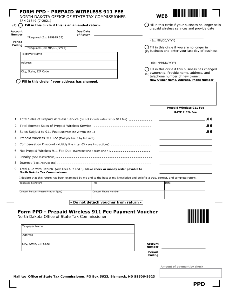 Form PPD (SFN21849) 2.5% Prepaid Wireless 911 Fee Form - North Dakota, Page 1
