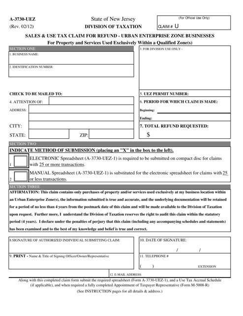 Form A-3730-UEZ Sales & Use Tax Claim for Refund - Urban Enterprise Zone Businesses for Property and Services Used Exclusively Within a Qualified Zone(S) - New Jersey