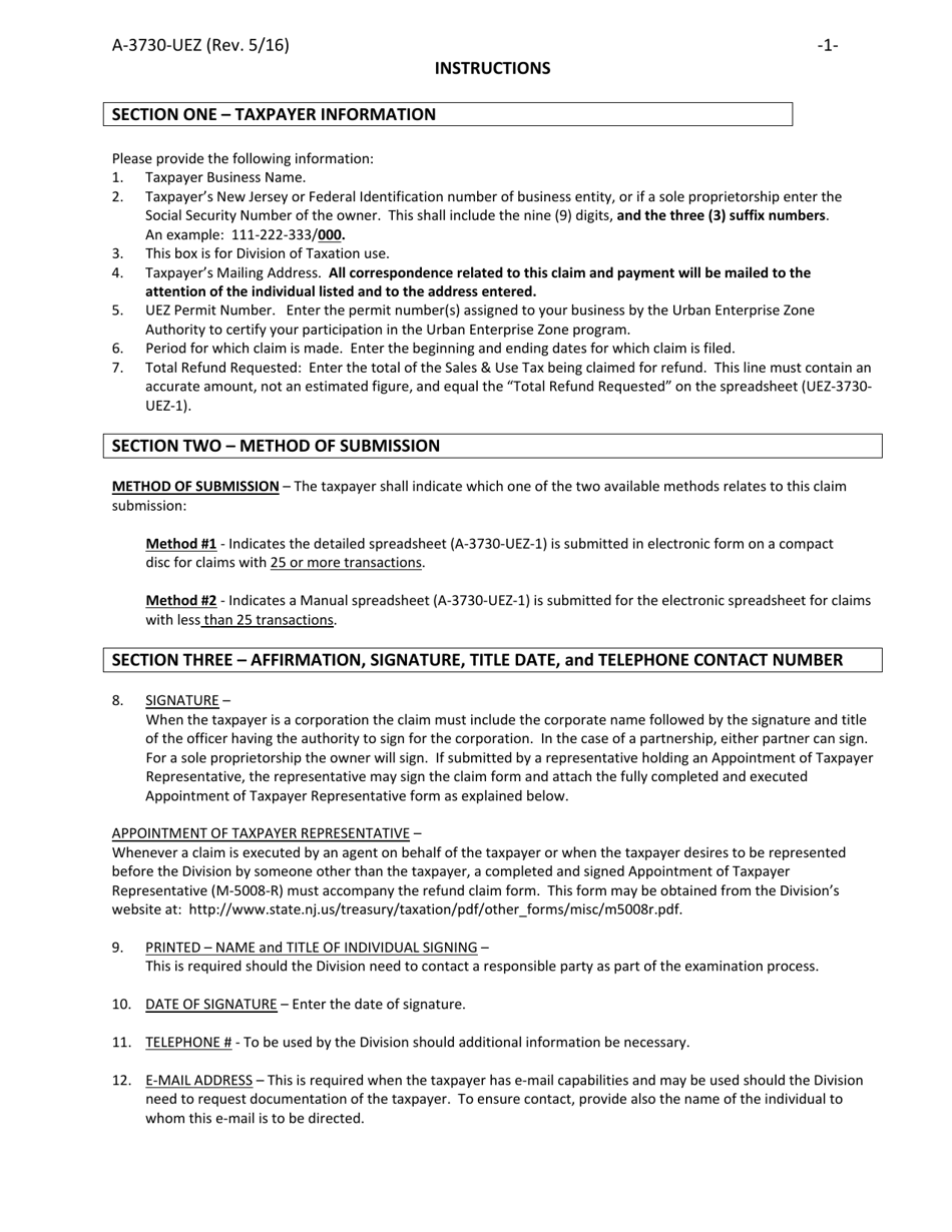 Instructions for Form A-3730-UEZ Sales  Use Tax Claim for Refund - Urban Enterprise Zone Businesses for Property and Services Used Exclusively Within a Qualified Zone(S) - New Jersey, Page 1
