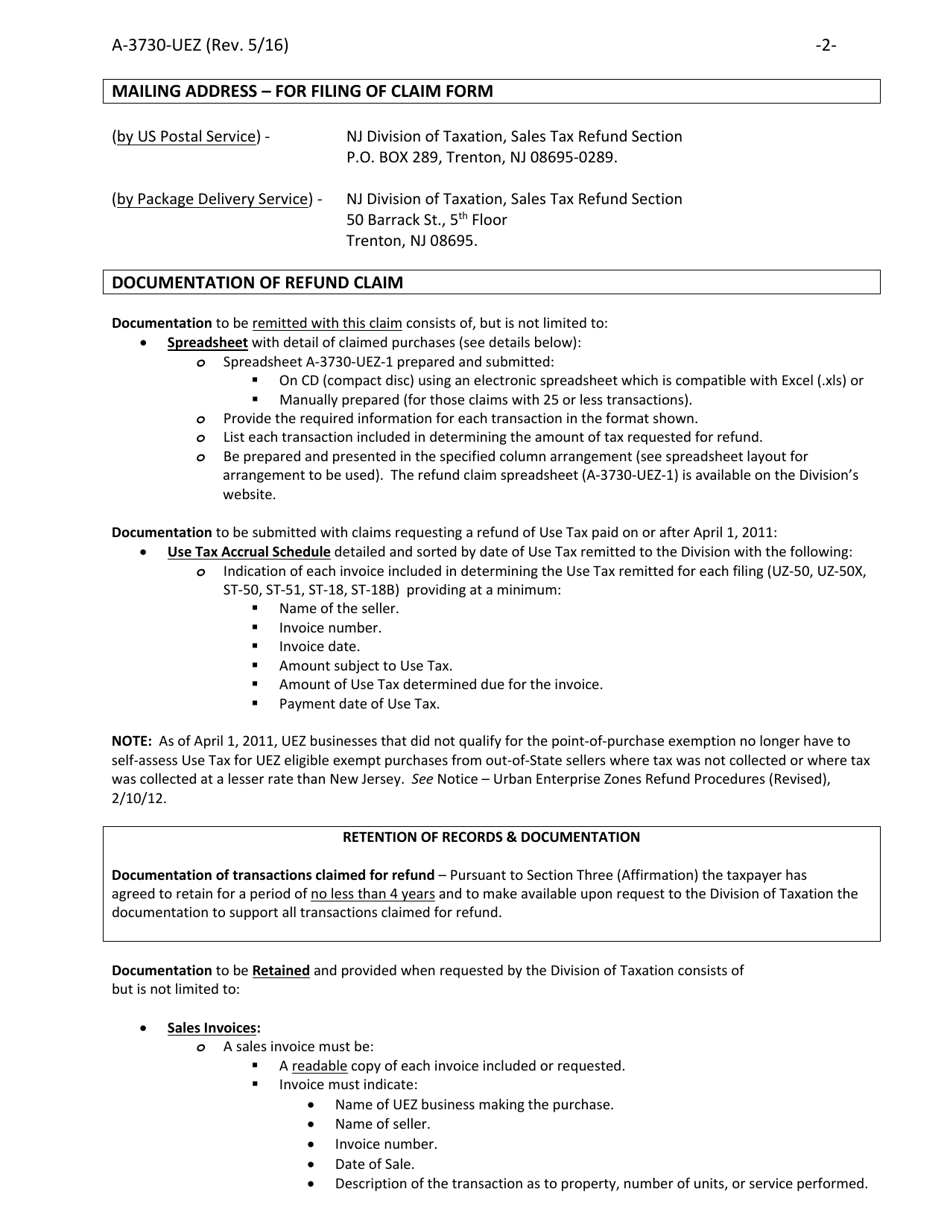 Instructions for Form A-3730-UEZ Sales  Use Tax Claim for Refund - Urban Enterprise Zone Businesses for Property and Services Used Exclusively Within a Qualified Zone(S) - New Jersey, Page 2