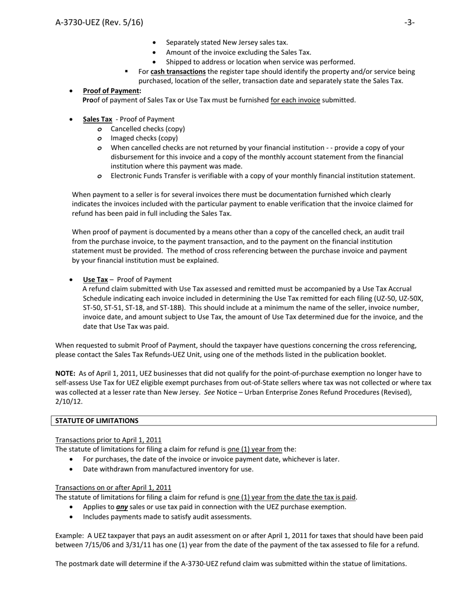 Instructions for Form A-3730-UEZ Sales  Use Tax Claim for Refund - Urban Enterprise Zone Businesses for Property and Services Used Exclusively Within a Qualified Zone(S) - New Jersey, Page 3