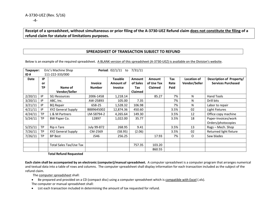 Instructions for Form A-3730-UEZ Sales  Use Tax Claim for Refund - Urban Enterprise Zone Businesses for Property and Services Used Exclusively Within a Qualified Zone(S) - New Jersey, Page 4