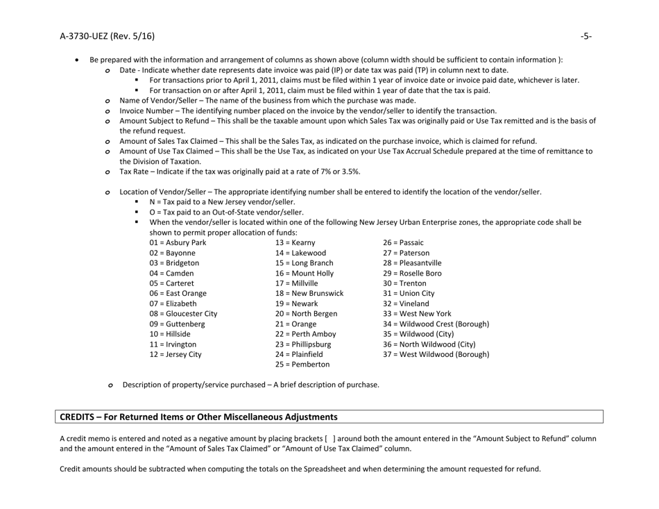 Instructions for Form A-3730-UEZ Sales  Use Tax Claim for Refund - Urban Enterprise Zone Businesses for Property and Services Used Exclusively Within a Qualified Zone(S) - New Jersey, Page 5