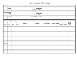 Document preview: Indoor Air Sampling Field Data Sheet - Montana