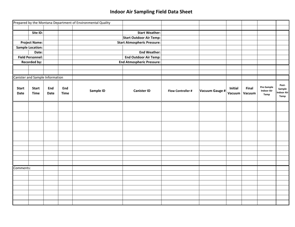 Indoor Air Sampling Field Data Sheet - Montana, Page 1