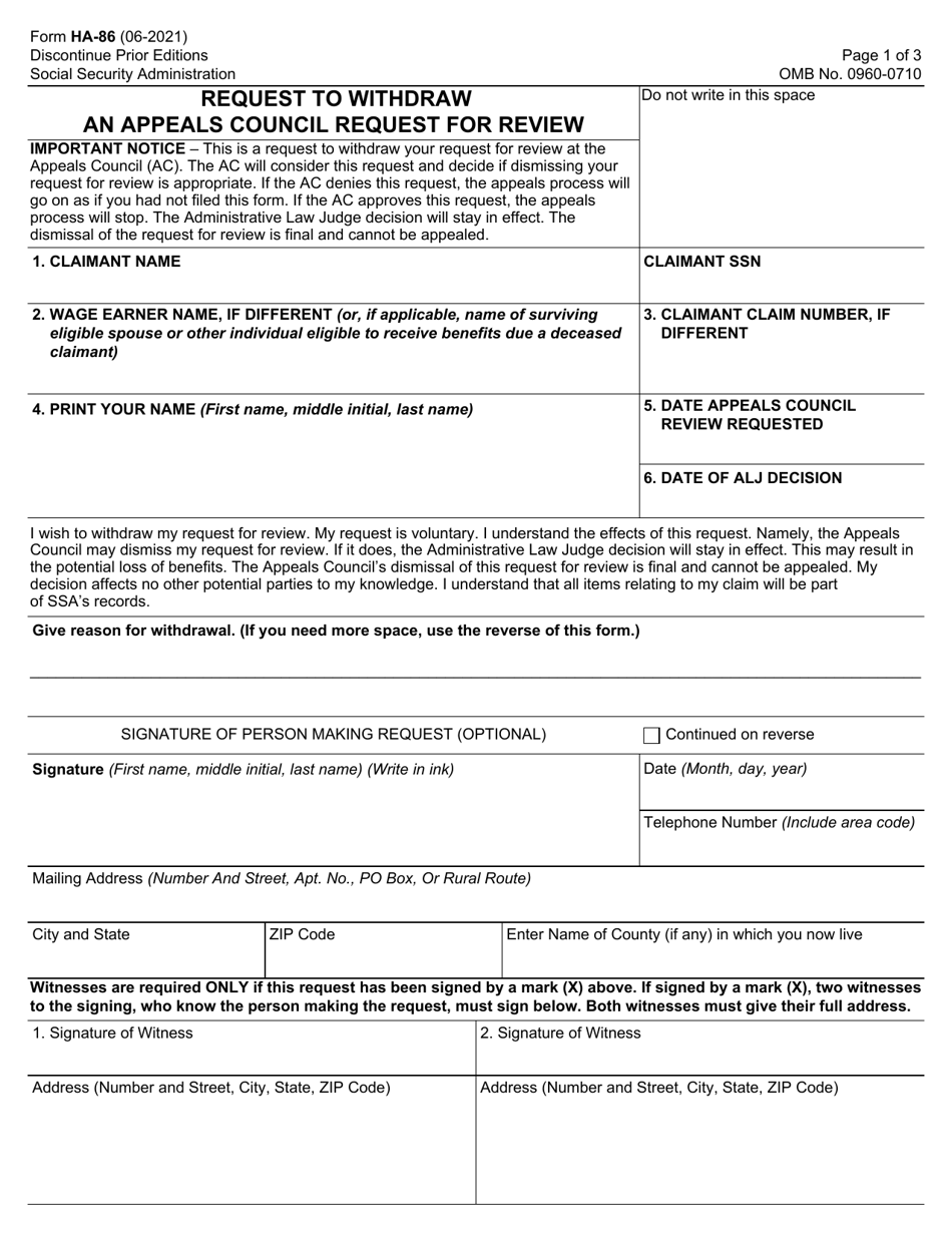 Form HA-86 Request to Withdraw an Appeals Council Request for Review, Page 1