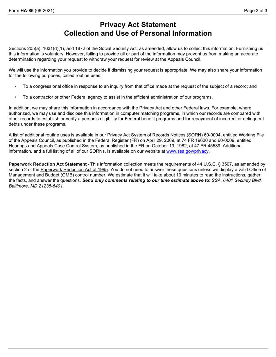 Form HA-86 Request to Withdraw an Appeals Council Request for Review, Page 3