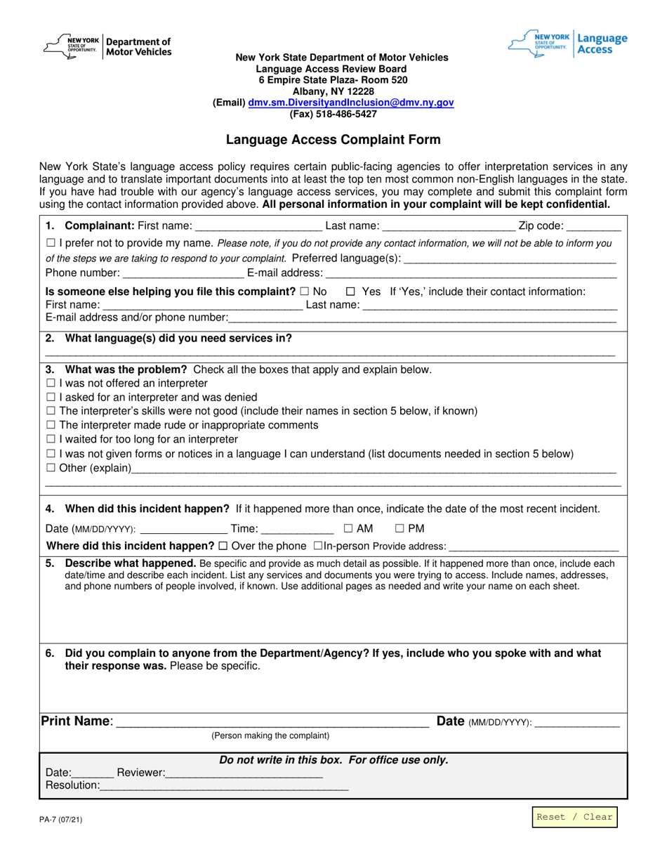 Form PA-7 Language Access Complaint Form - New York, Page 1