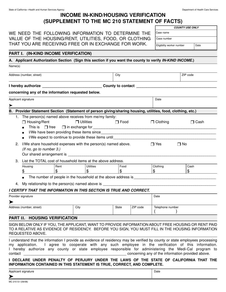 Form MC210 S-I Income in-Kind / Housing Verification (Supplement to the Mc 210 Statement of Facts) - California (English / Spanish), Page 1