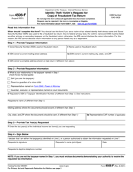 Document preview: IRS Form 4506-F Identity Theft Victim's Request for Copy of Fraudulent Tax Return