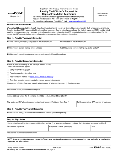 IRS Form 4506-F Identity Theft Victim's Request for Copy of Fraudulent Tax Return