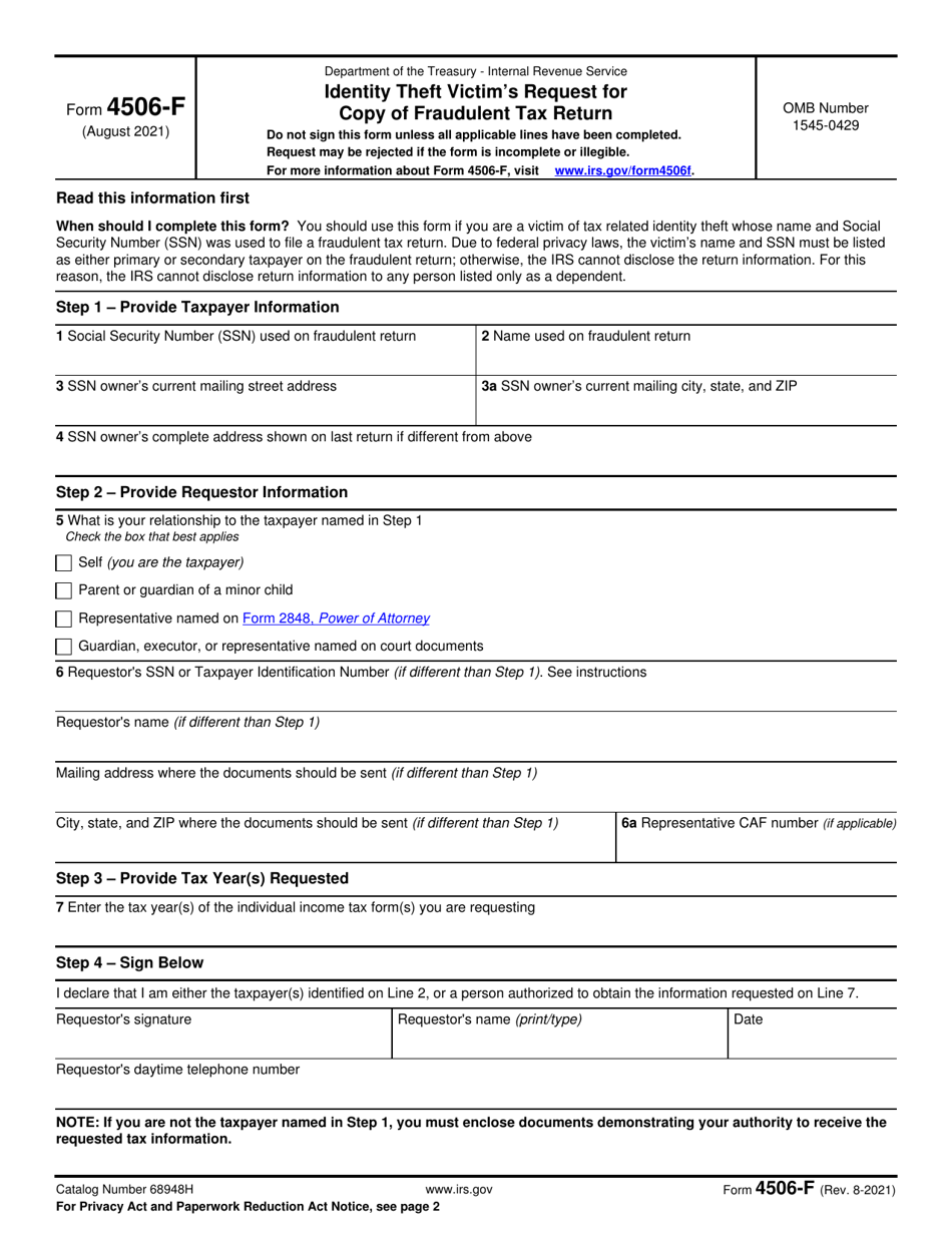 IRS Form 4506-F Identity Theft Victims Request for Copy of Fraudulent Tax Return, Page 1