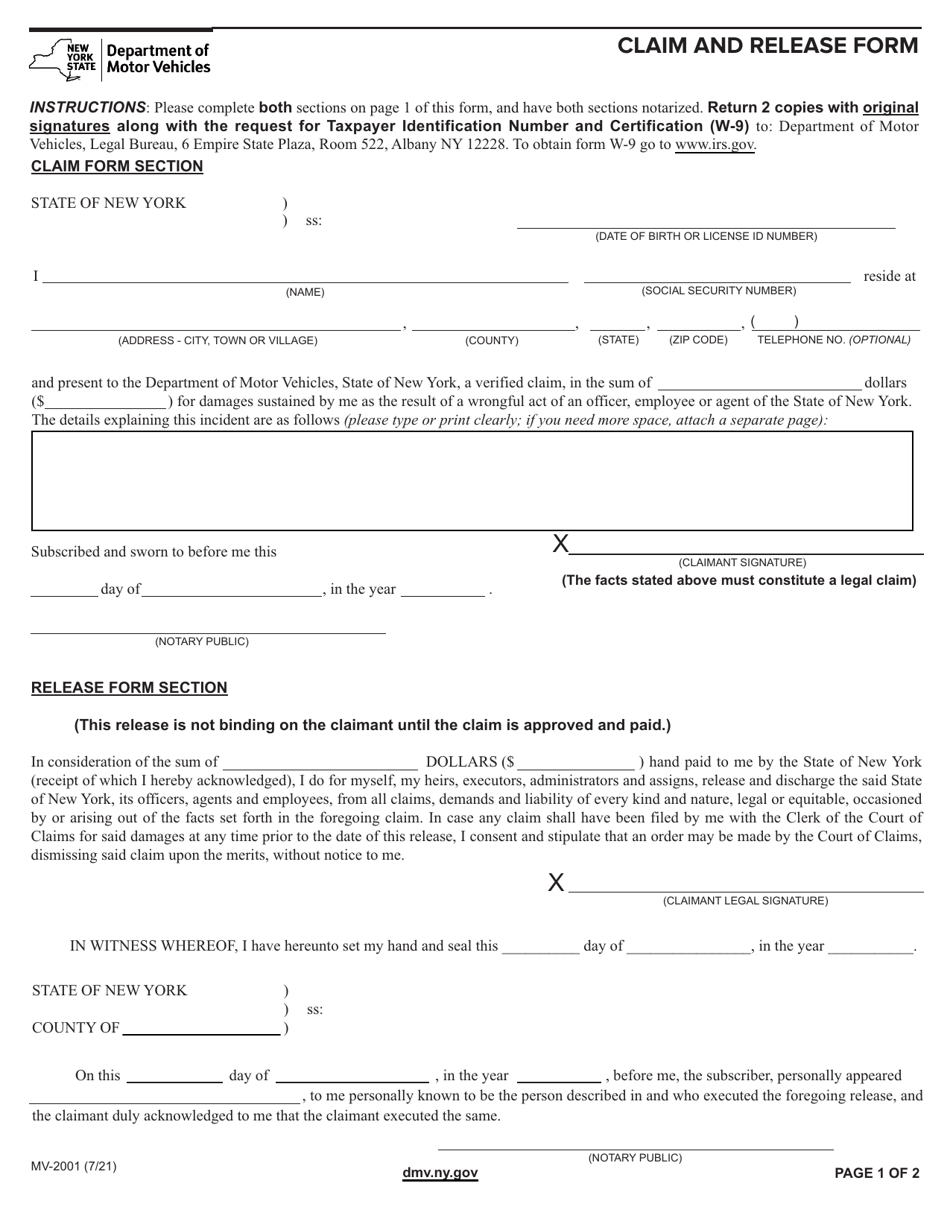 Form MV-2001 Claim and Release Form - New York, Page 1