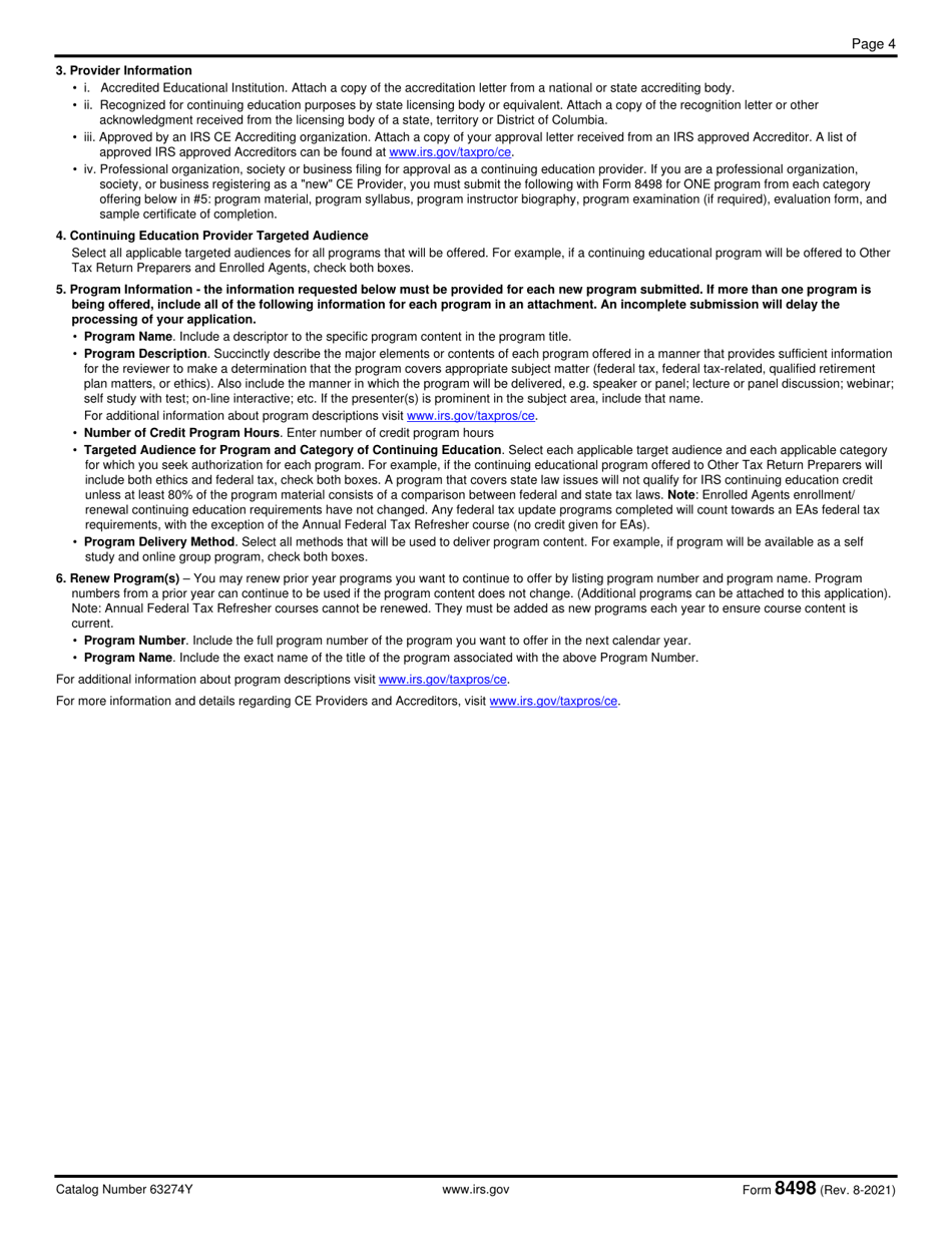 IRS Form 8498 Continuing Education Provider Application and Request for Provider Number, Page 4