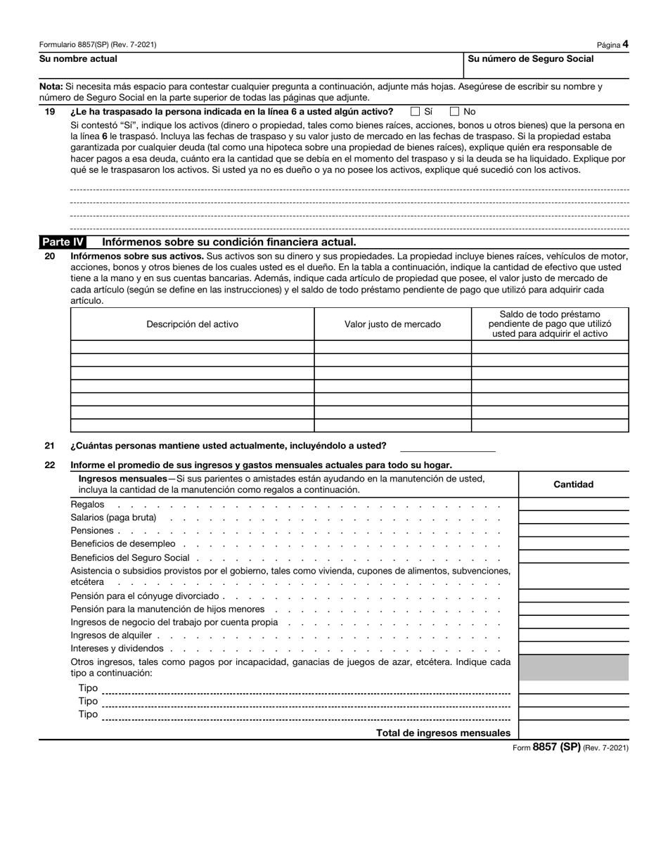 IRS Formulario 8857(SP) Solicitud Para Alivio Del Conyuge Inocente (Spanish), Page 4