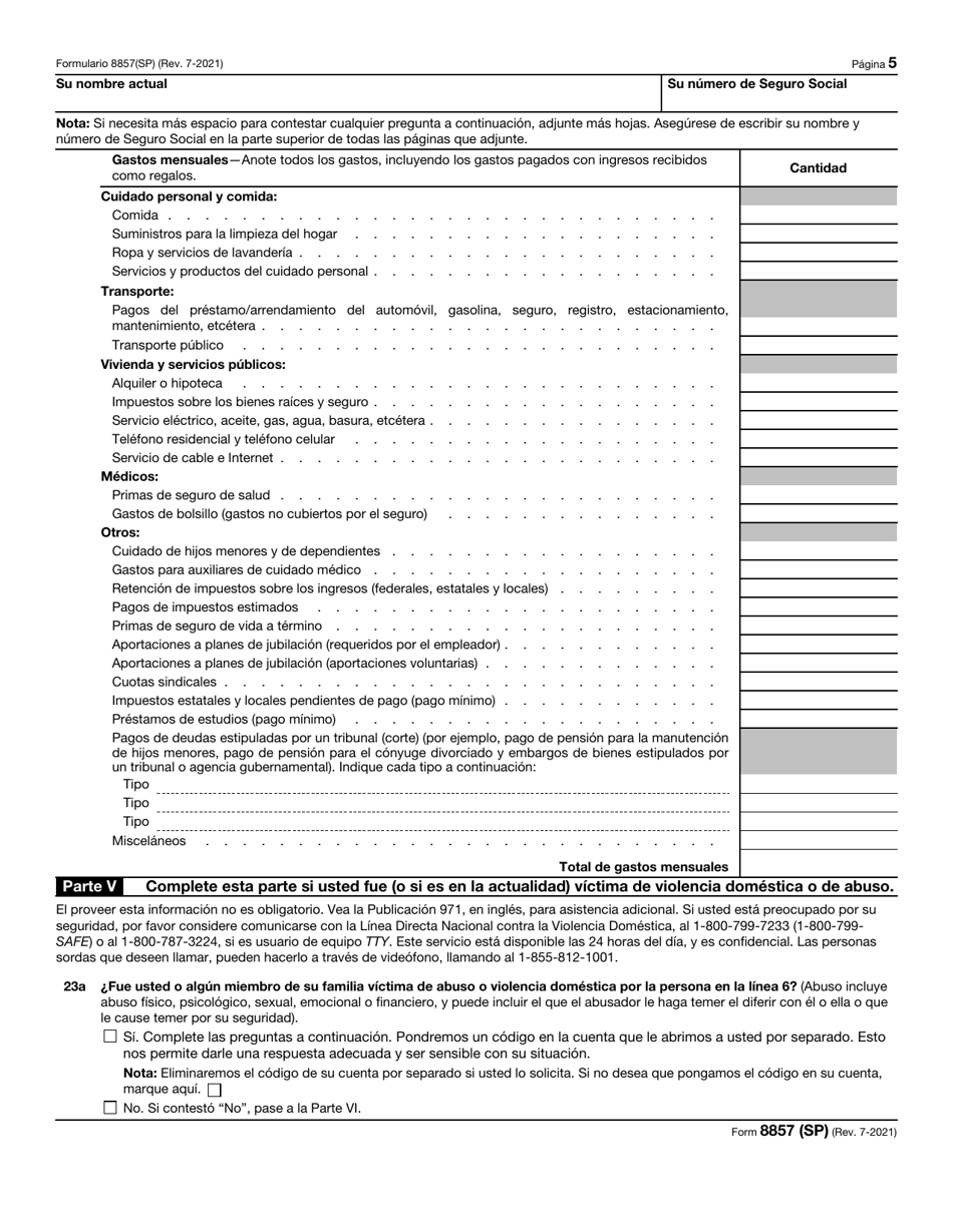 IRS Formulario 8857(SP) Solicitud Para Alivio Del Conyuge Inocente (Spanish), Page 5