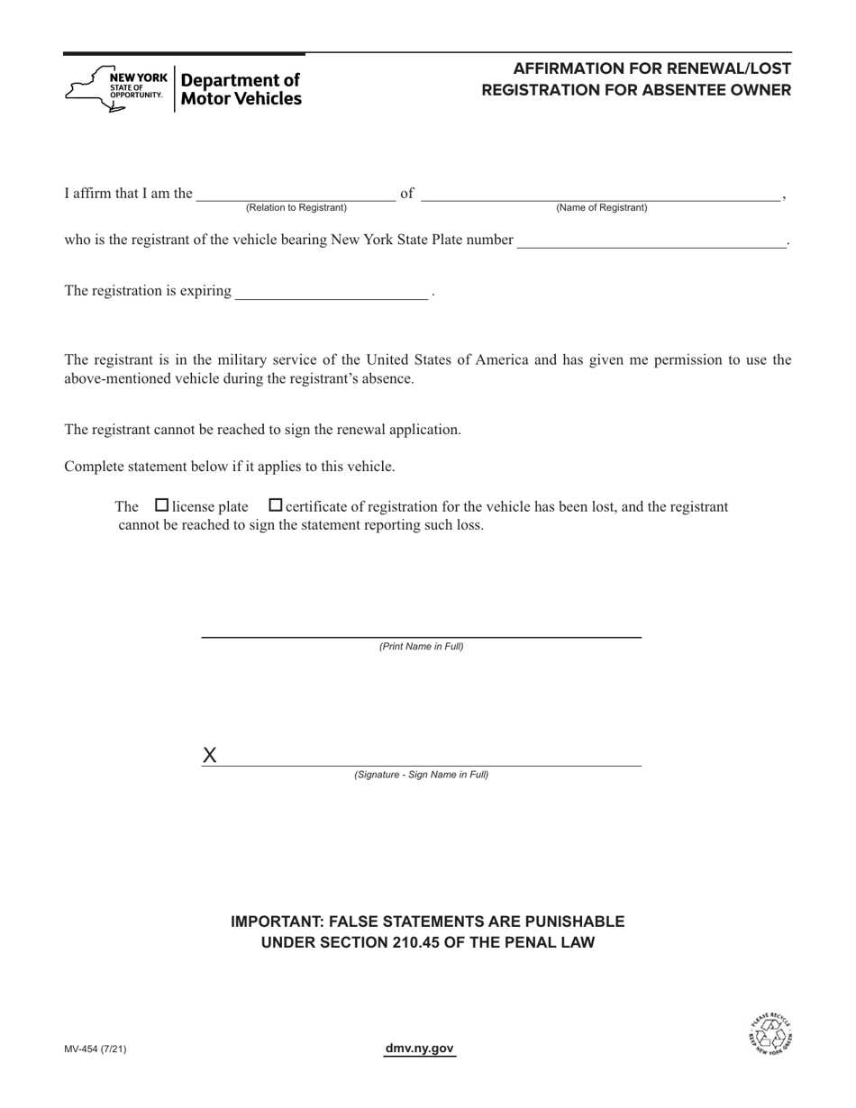 Form MV-454 Affirmation for Renewal / Lost Registration for Absentee Owner - New York, Page 1